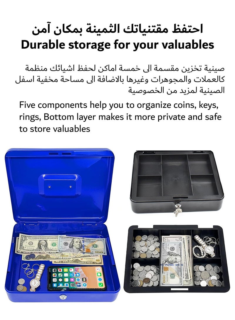 Steel Cash Box with Key Lock Metal Small Money Organizer with Money Tray Cash Storage Box with Lockable Cover - Image 4