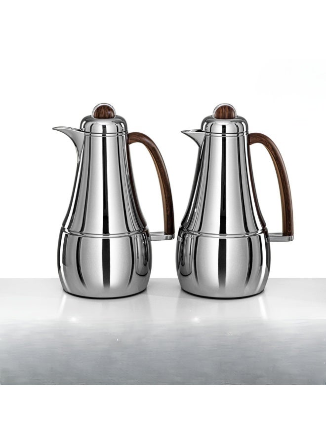 المرجان طقم ترمس فاخر للقهوة والشاي العربي سعة 1 لتر + 1 لتر - مصنوع من الفولاذ المقاوم للصدأ بمقبض خشبي (قطعتان) - Image 1