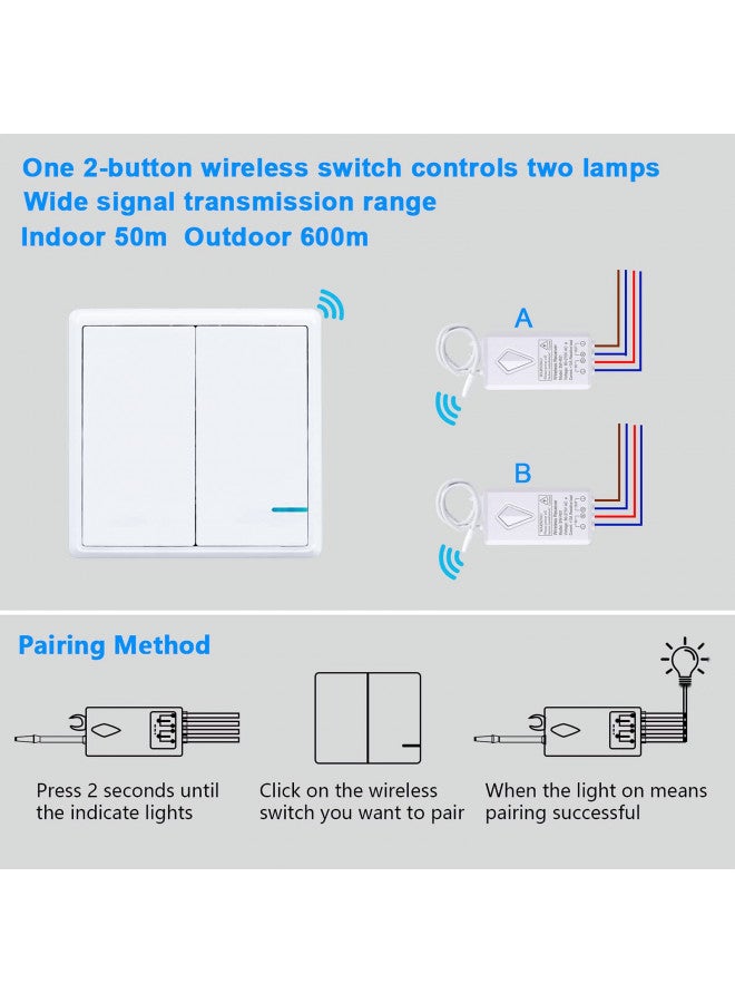 Thinkbee Wireless Light Switch and Receiver Kit, Outdoor 1969ft Indoor 130ft, No Wiring, No WiFi, Remote Control for Led Light Wireless Panel Switch, IP66 Waterproof (2 Gang Switch 2 Receivers kit) - Image 3