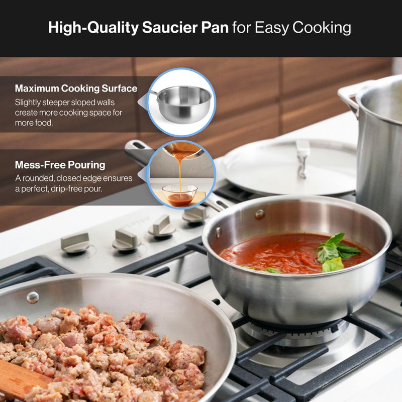 Misen 5-Ply Stainless Steel Saucier with Lid– Induction-Compatible Pan with Curved Sides for Smooth Stirring - Oven Safe to 800F – Even Heat Distribution & Ergonomic Handle - 3 QT - Image 5