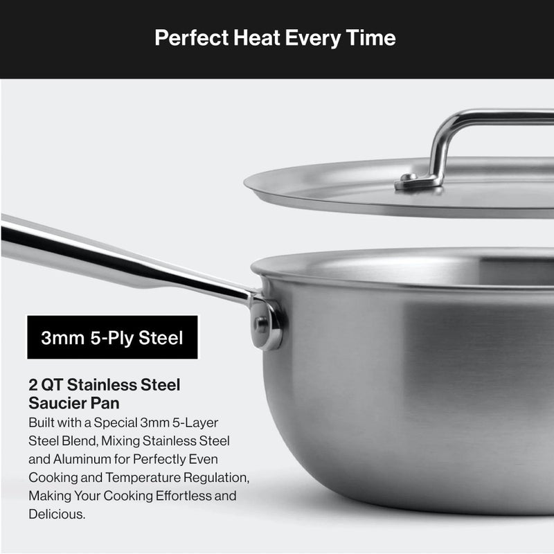 Misen 5-Ply Stainless Steel Saucier with Lid– Induction-Compatible Pan with Curved Sides for Smooth Stirring - Oven Safe to 800F – Even Heat Distribution & Ergonomic Handle - 3 QT - Image 4
