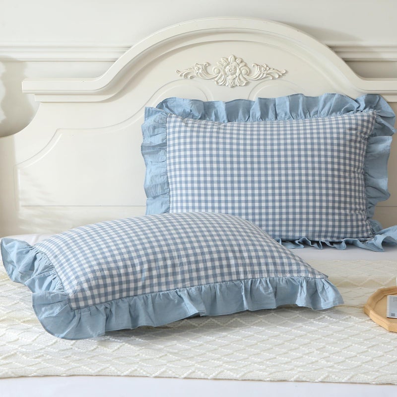 Mywinlle Mywinlle Blue Plaid Ruffle Pillow Shams King Size Set of 2 Shabby Checkered Pillow Cover Washed Cotton Pillow Covers 20""x36""  - Image 1