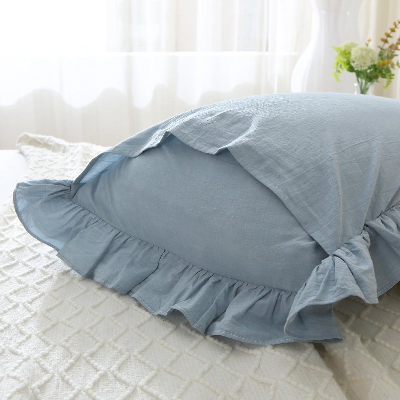 Mywinlle Mywinlle Blue Plaid Ruffle Pillow Shams King Size Set of 2 Shabby Checkered Pillow Cover Washed Cotton Pillow Covers 20""x36""  - Image 4