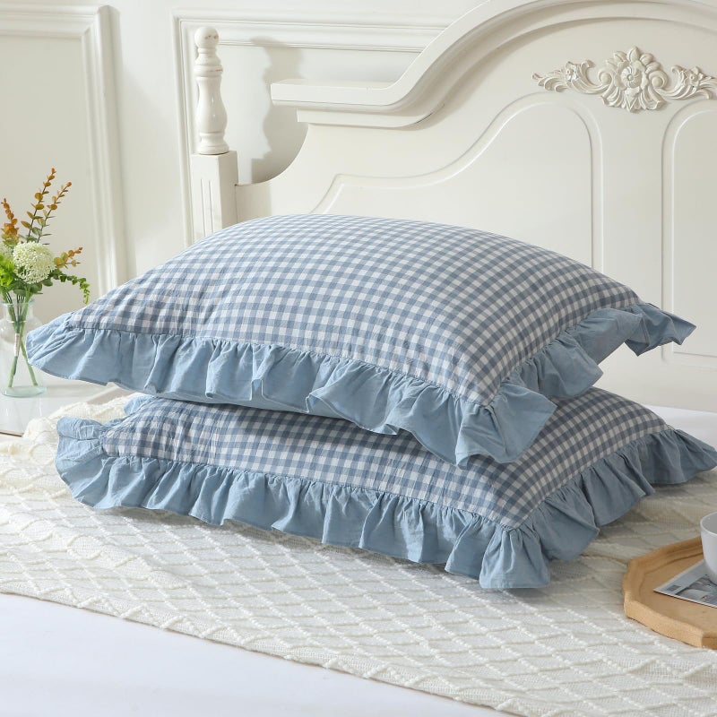 Mywinlle Mywinlle Blue Plaid Ruffle Pillow Shams King Size Set of 2 Shabby Checkered Pillow Cover Washed Cotton Pillow Covers 20""x36""  - Image 3