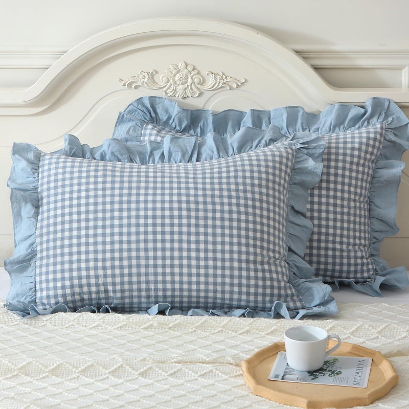 Mywinlle Mywinlle Blue Plaid Ruffle Pillow Shams King Size Set of 2 Shabby Checkered Pillow Cover Washed Cotton Pillow Covers 20""x36""  - Image 2