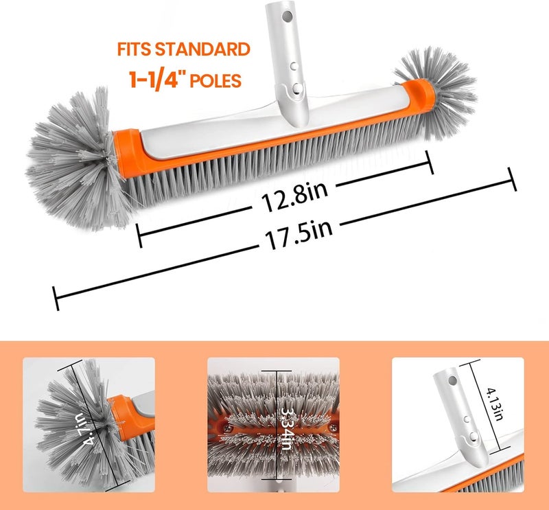 Poolvio Professional 17.5" Floor & Wall Pool Cleaning Brush with Tough Around Nylon Bristles, EZ Clip Aluminum Handle- Easily Sweep from Walls, Floors, Steps (Orange) - Image 3