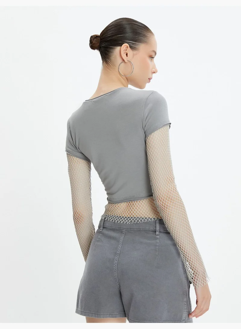 KOTON Crop T-Shirt Mesh Detail Short Sleeve Crew Neck Cotton