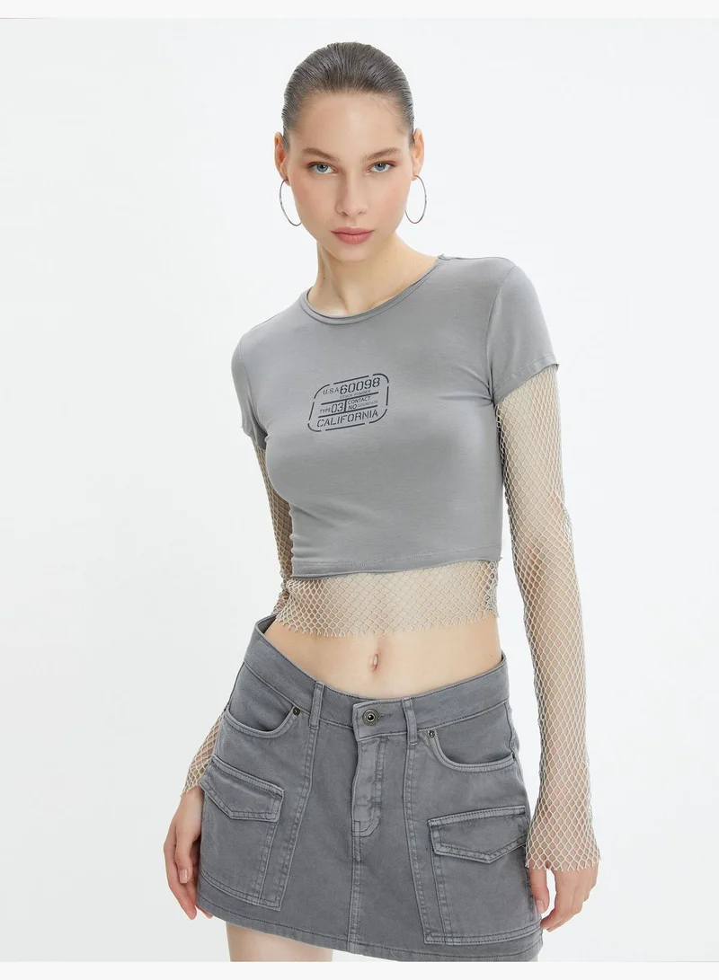 KOTON Crop T-Shirt Mesh Detail Short Sleeve Crew Neck Cotton