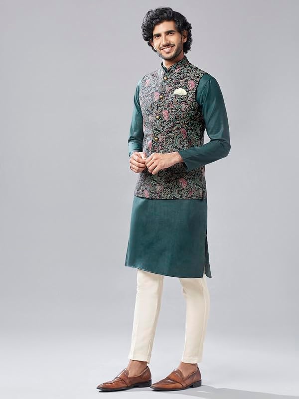 KISAH Kurta Jacket Set for Men – Printed Pure Cotton Ethnic Set with Trouser | Traditional Indian Outfit for Weddings, Festive & Semi-Formal Wear, Black, 44 - Image 3