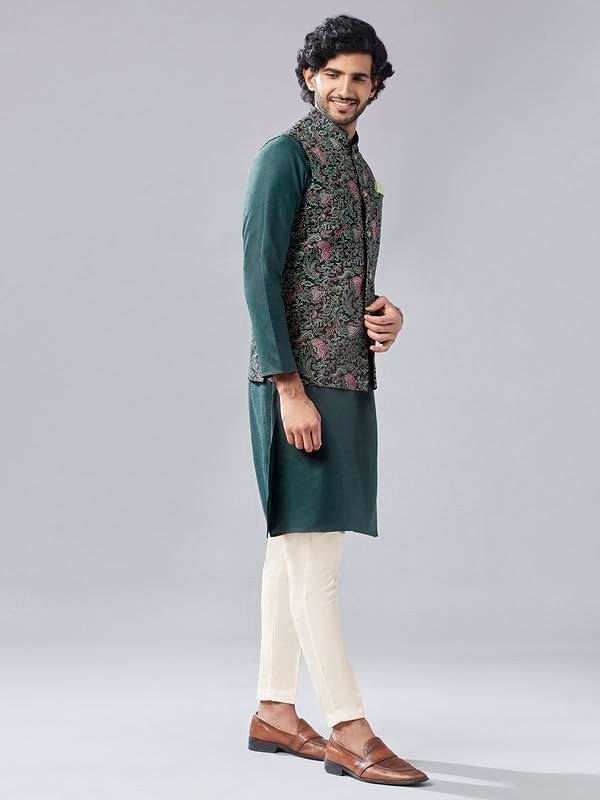 KISAH Kurta Jacket Set for Men – Printed Pure Cotton Ethnic Set with Trouser | Traditional Indian Outfit for Weddings, Festive & Semi-Formal Wear, Black, 44 - Image 2