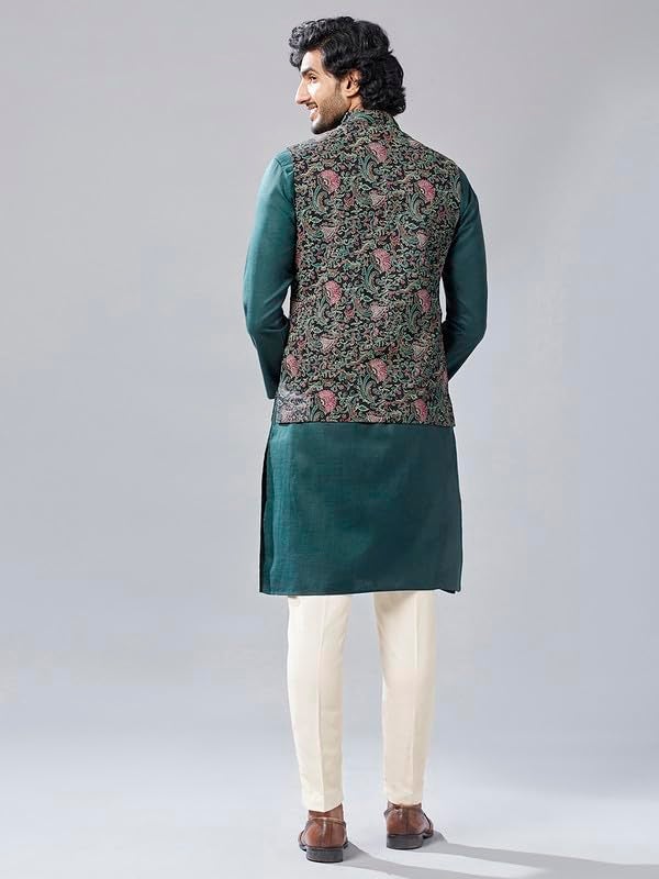 KISAH Kurta Jacket Set for Men – Printed Pure Cotton Ethnic Set with Trouser | Traditional Indian Outfit for Weddings, Festive & Semi-Formal Wear, Black, 44 - Image 4