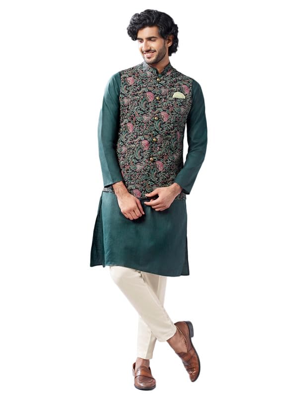 KISAH Kurta Jacket Set for Men – Printed Pure Cotton Ethnic Set with Trouser | Traditional Indian Outfit for Weddings, Festive & Semi-Formal Wear, Black, 44 - Image 1