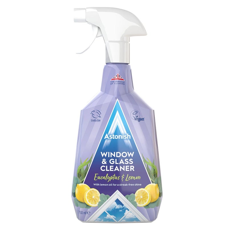 Astonish Streak Free Window Glass Cleaner Spray Bottle With Vinegar For Deep Cleaning Eucalyptus Lemon Scented Home And Bathroom Cleaner Vegan Cruelty Free Household Cleaning Supplies 750ml