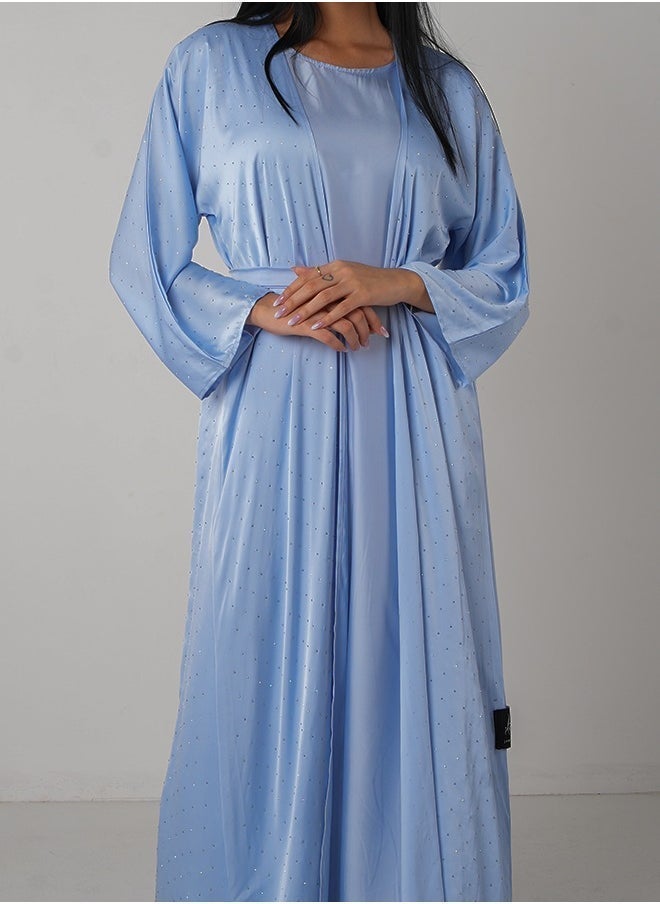 JAMEELA Light Blue Bling Open Abaya 3 pieces Set - Image 3