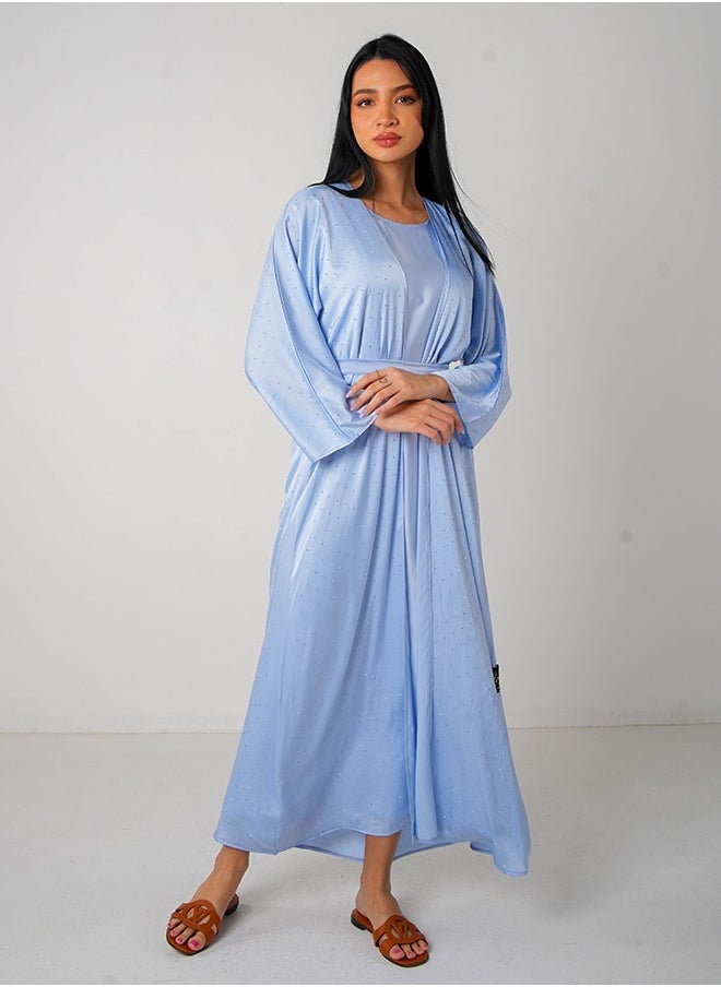 JAMEELA Light Blue Bling Open Abaya 3 pieces Set - Image 1