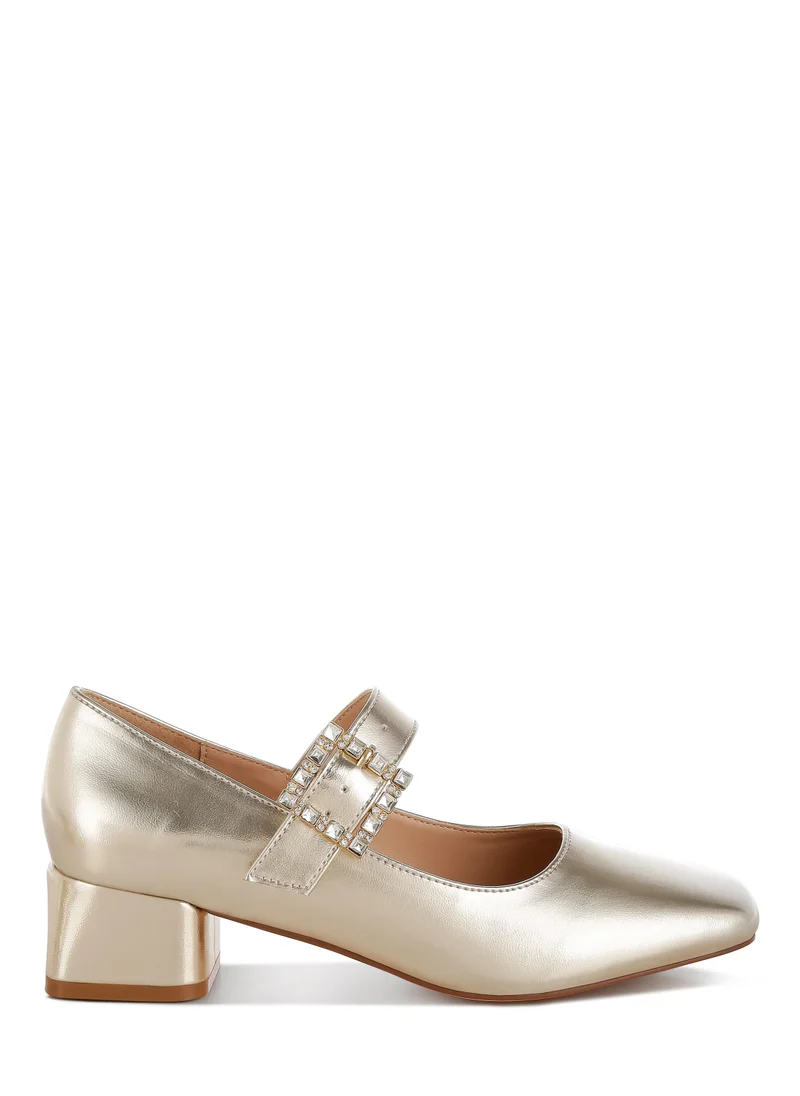 London Rag Diamante Brooch Metallic Mary Jane Pumps in Gold