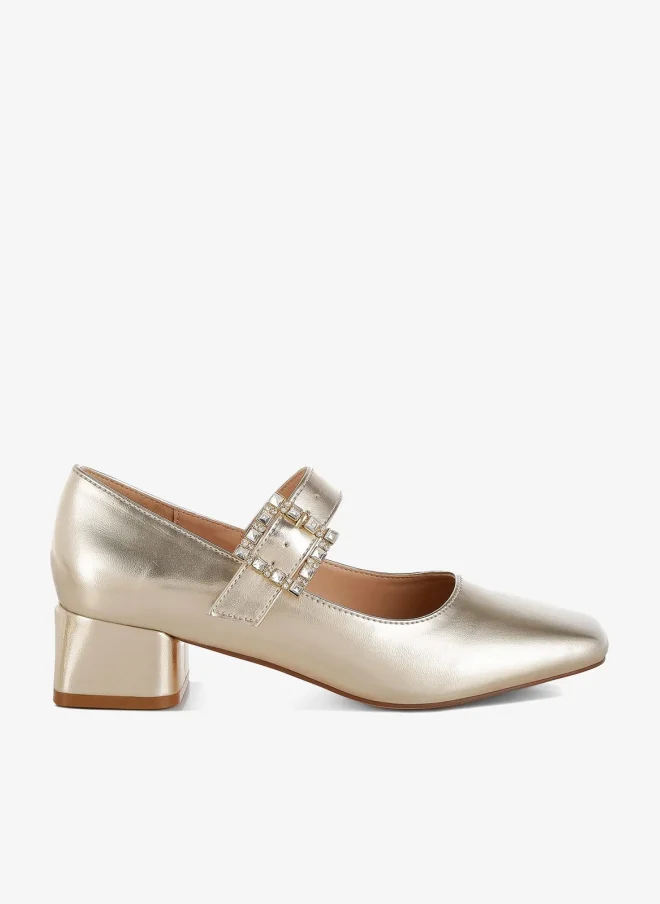 Diamante Brooch Metallic Mary Jane Pumps in Gold