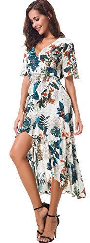 Kormei Womens Short Sleeve Floral Maxi Dress High Low V-Neck Flowy Party Long Dresses XL Apricot&Blue - Image 2