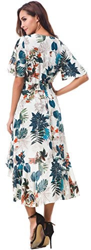 Kormei Womens Short Sleeve Floral Maxi Dress High Low V-Neck Flowy Party Long Dresses XL Apricot&Blue - Image 3