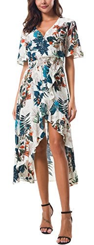 Kormei Womens Short Sleeve Floral Maxi Dress High Low V-Neck Flowy Party Long Dresses XL Apricot&Blue - Image 5