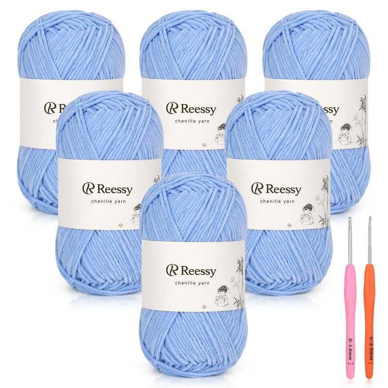 Reessy Skinny Chenille Yarn for Crocheting - 6 Pack of 50g/158yd (948yd Total) - Soft Matte Thin Chenille CYC #2 - Fine Weight Baby Yarn for Plush Toys, Baby Blankets & Small Crafts(Light Blue) - Image 1