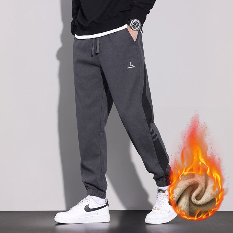 New Men'S Pants Fleece-Lined Thick Warm Casual Pants Men'S Elastic Waist All-Match Sports Ankle-Tied Pants Boys - Image 2