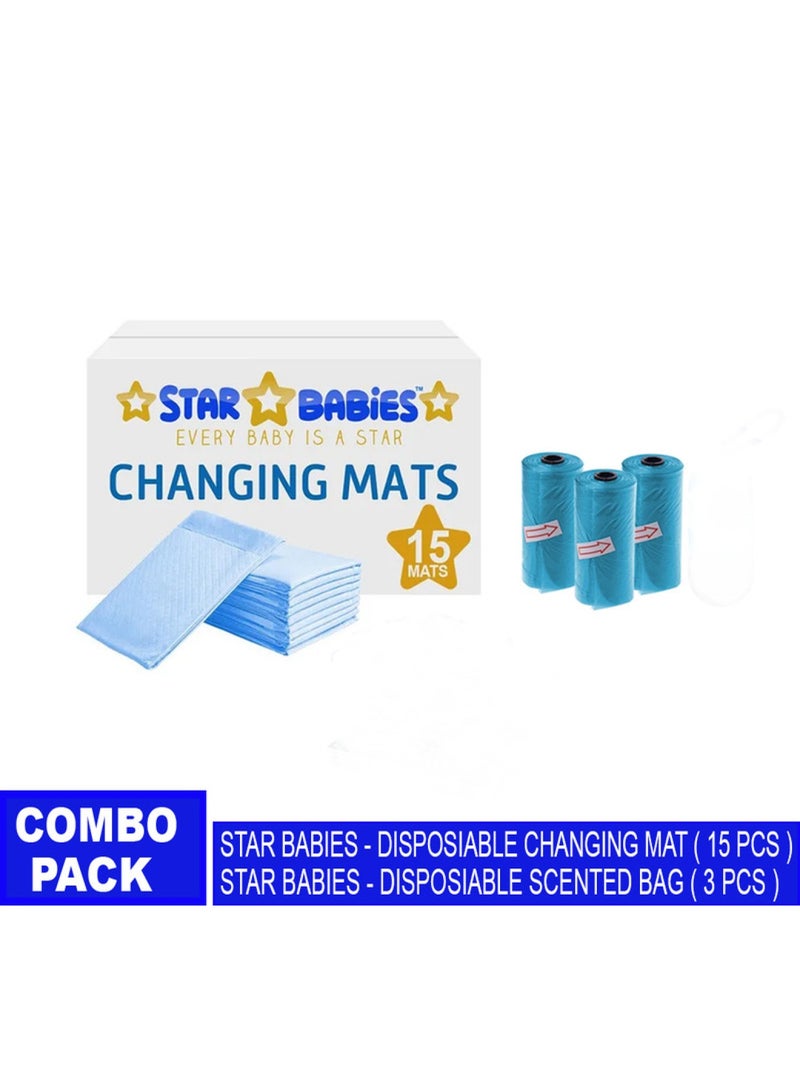 STAR BABiES Combo Pack  Pack Changing Mat 15Pcs Scented Bag Pack Of 3 Blue  - Image 1