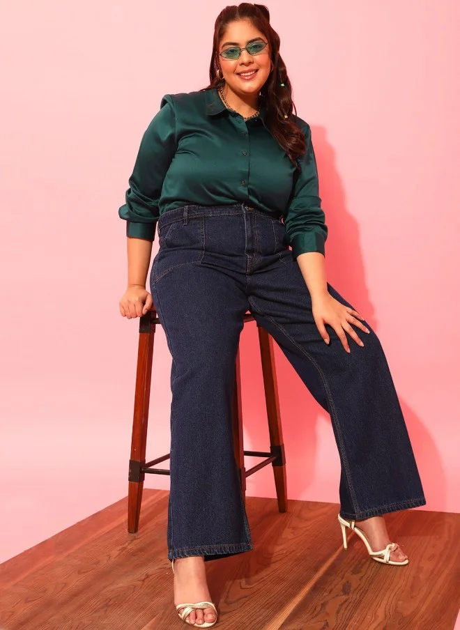CURVY STREET Plus Size Green Satin Casual Shirt for Women