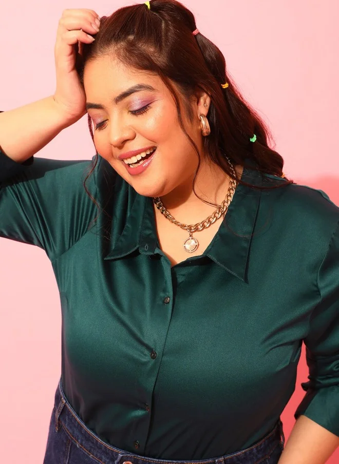 CURVY STREET Plus Size Green Satin Casual Shirt for Women