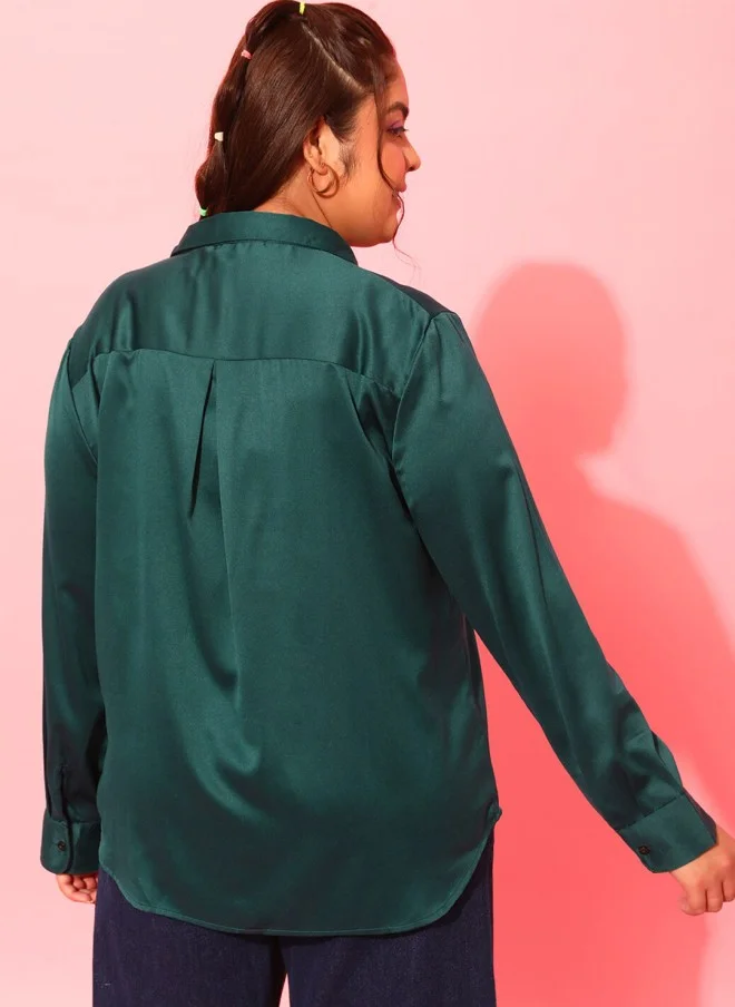 CURVY STREET Plus Size Green Satin Casual Shirt for Women