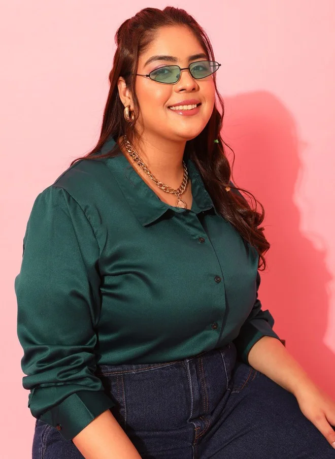 CURVY STREET Plus Size Green Satin Casual Shirt for Women