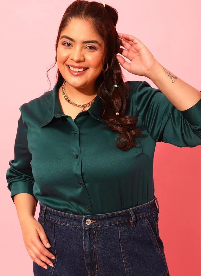 CURVY STREET Plus Size Green Satin Casual Shirt for Women