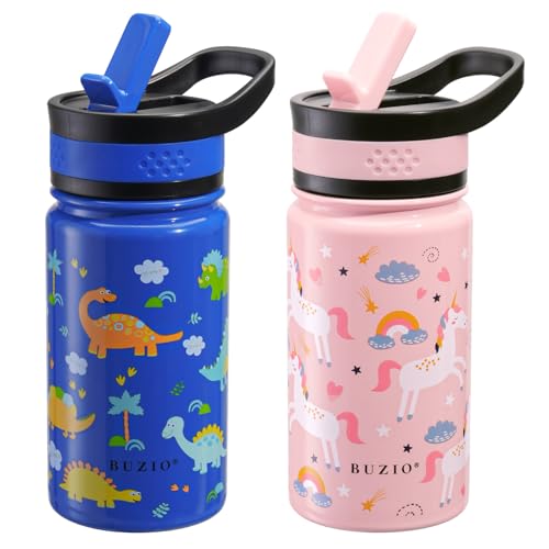 BUZIO 2-Pack Kids Water Bottle, BUZIO 14 oz Toddler Stainless Steel Insulated Water Bottles with Tritan Straw Lid, Leak Proof BPA-Free Wide Mouth Drink Flask for Shcool Boy Girl (Pink Unicorn+Blue Dinosaur) - Image 1