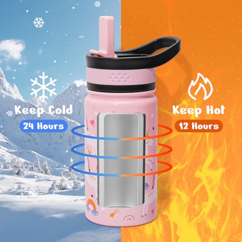 BUZIO 2-Pack Kids Water Bottle, BUZIO 14 oz Toddler Stainless Steel Insulated Water Bottles with Tritan Straw Lid, Leak Proof BPA-Free Wide Mouth Drink Flask for Shcool Boy Girl (Pink Unicorn+Blue Dinosaur) - Image 3