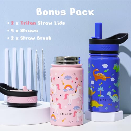 BUZIO 2-Pack Kids Water Bottle, BUZIO 14 oz Toddler Stainless Steel Insulated Water Bottles with Tritan Straw Lid, Leak Proof BPA-Free Wide Mouth Drink Flask for Shcool Boy Girl (Pink Unicorn+Blue Dinosaur) - Image 2