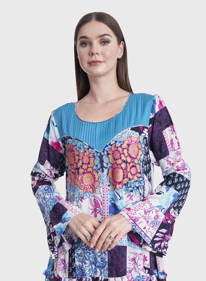 كشخة جلابية بطبعات تجريدية وزهور من الرايون - Image 1