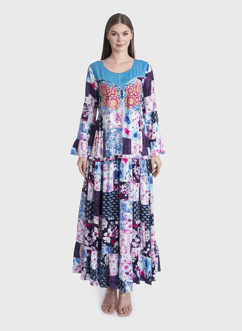 كشخة Abstract and Floral Print Rayon Jalabiya