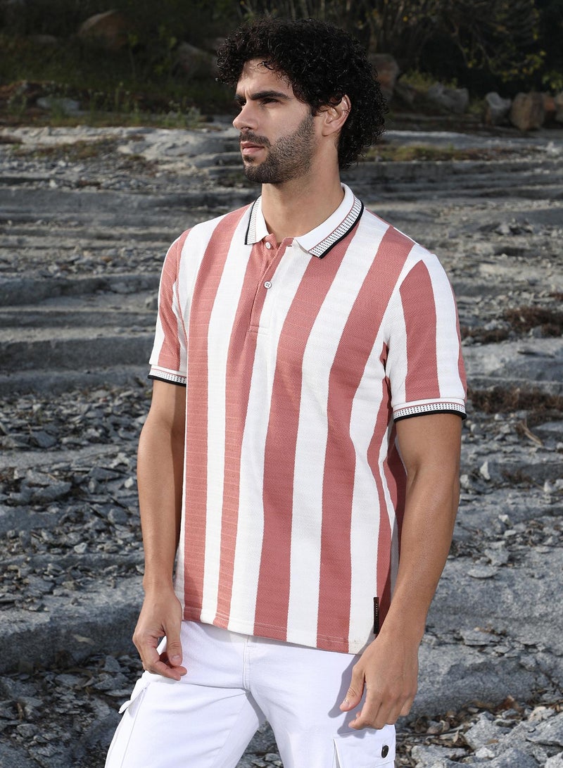 Campus Sutra Men's Nude Pink & Cream White Awning-Striped Polo T-Shirt - Image 3