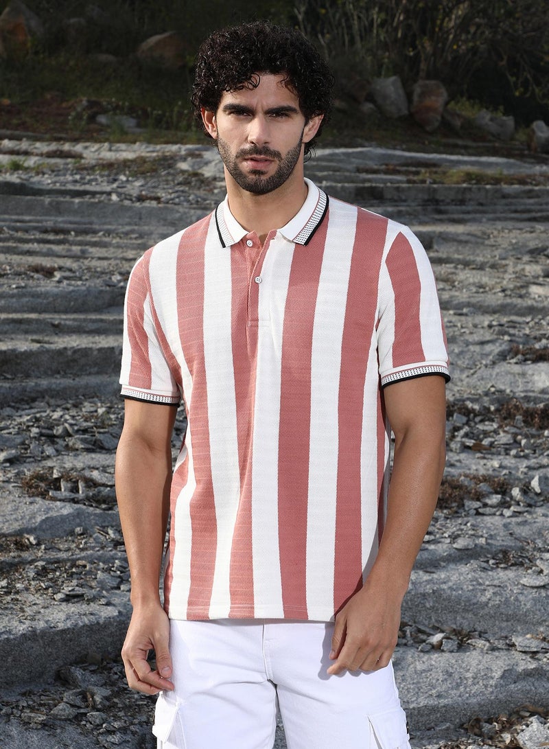 Campus Sutra Men's Nude Pink & Cream White Awning-Striped Polo T-Shirt - Image 2