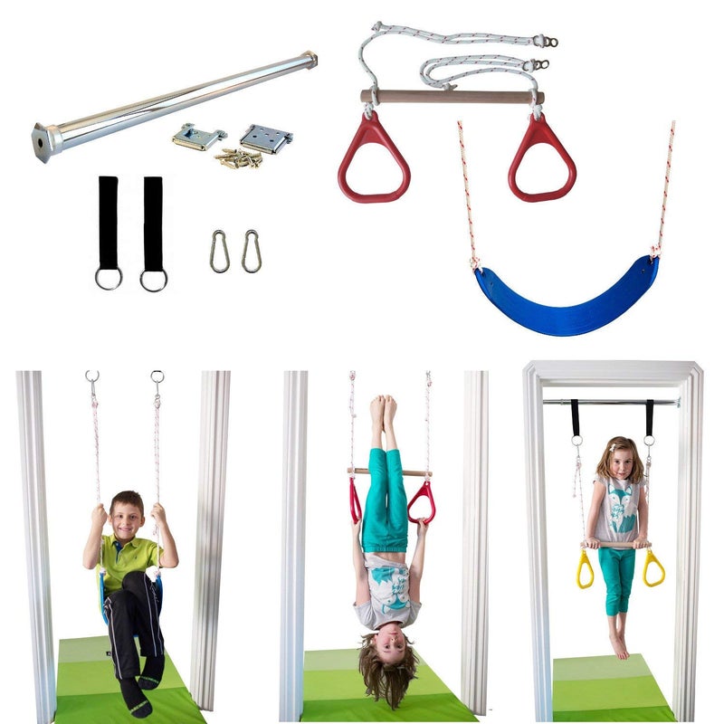 DreamGYM DreamGYM Doorway Swing for Kids Indoor  Trapeze Bar and Gymnastic Rings Combo and Classic Rope Swing for Doorway Gym 