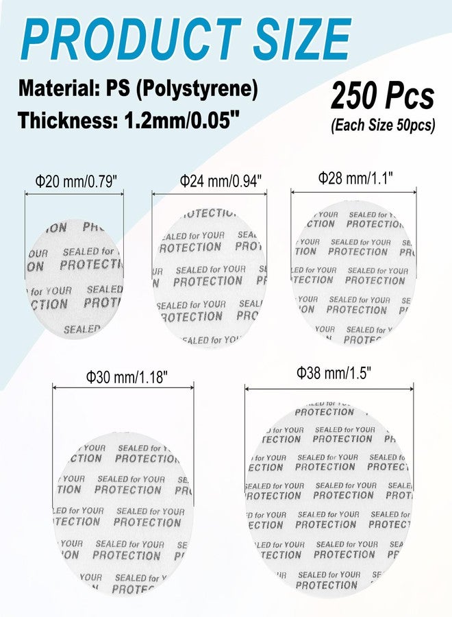 PATIKIL 20/24/28/30/38mm/0.79/0.95/1.1/1.18/1.5" Foam Lid Liner, 250pcs Adhesive Round PS Pressure Sensitive Seals for Plastic Glass Jar Bottle Cap Canning Vials Seals Black Text, White - Image 2