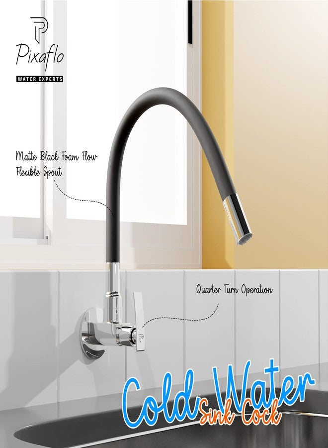 Pixaflo Brass Kitchen Sink Cock Tap with Black Flexible Silicone Swivel Spout, Black and Chrome, Foam Flow (Moonstone) - Image 4