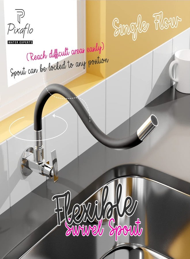 Pixaflo Brass Kitchen Sink Cock Tap with Black Flexible Silicone Swivel Spout, Black and Chrome, Foam Flow (Moonstone) - Image 2