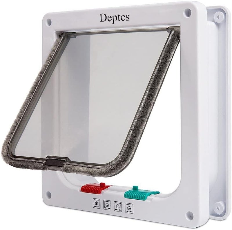 Depets باب القط المتوسط من مع نظام قفل بأربع طرق (الحجم الخارجي 7.5" x 7.8")، مجموعة باب القط المغناطيسي باللون الأبيض، مقاوم للعوامل الجوية، مناسب للقطط والكلاب. - Image 1