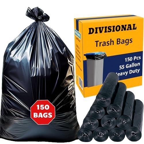 DIVISIONAL 150 Count | 55 Gallon Trash Bags | 150- Pack | Heavy Duty Trash Bags | Heavy Duty Garbage Bags | Black Garbage Bags | Large | 20 Micron - Image 1