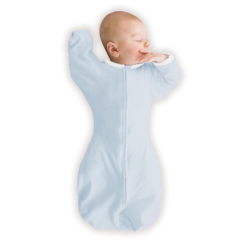 SwaddleDesigns Organic Transitional Swaddle Sack, Arms Up Swaddle with Half-Length Sleeves & Mitten Cuffs, Medium, 3-6 Months, 14-21 lbs, Soft Blue - Image 1