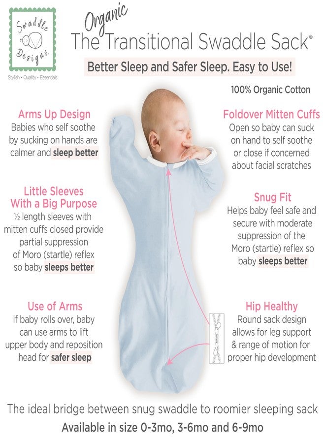 SwaddleDesigns Organic Transitional Swaddle Sack, Arms Up Swaddle with Half-Length Sleeves & Mitten Cuffs, Medium, 3-6 Months, 14-21 lbs, Soft Blue - Image 2
