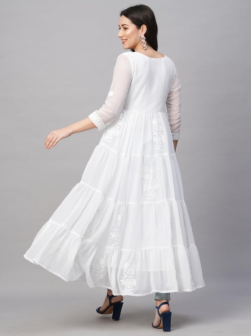 RATAN Women's Solid Georgette Tiered Chikankari Flared Regular Fit Kurti Gown Maxi Dress (MSK-PRL-L_White), Large - Image 3