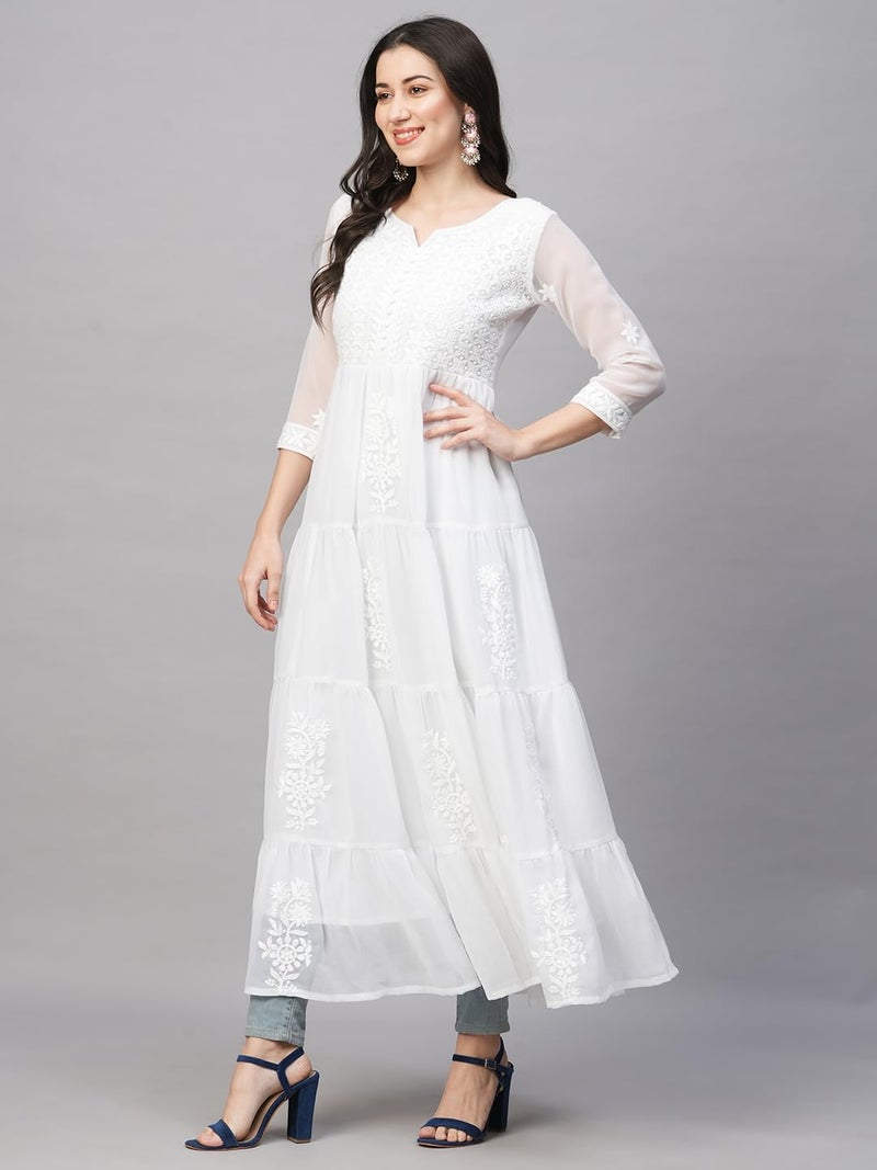 RATAN Women's Solid Georgette Tiered Chikankari Flared Regular Fit Kurti Gown Maxi Dress (MSK-PRL-L_White), Large - Image 5