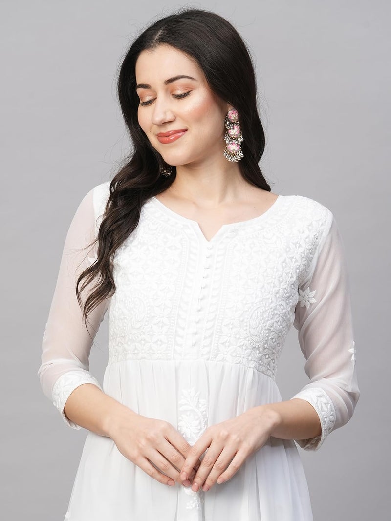 RATAN Women's Solid Georgette Tiered Chikankari Flared Regular Fit Kurti Gown Maxi Dress (MSK-PRL-L_White), Large - Image 4